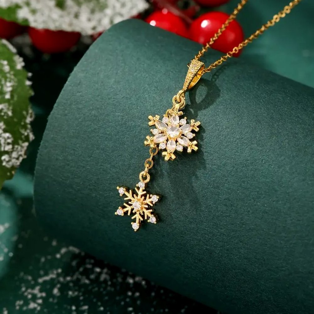 Sparkly Cubic Zircon 18K Gold Plated Double Dangling • Snowflake Necklace